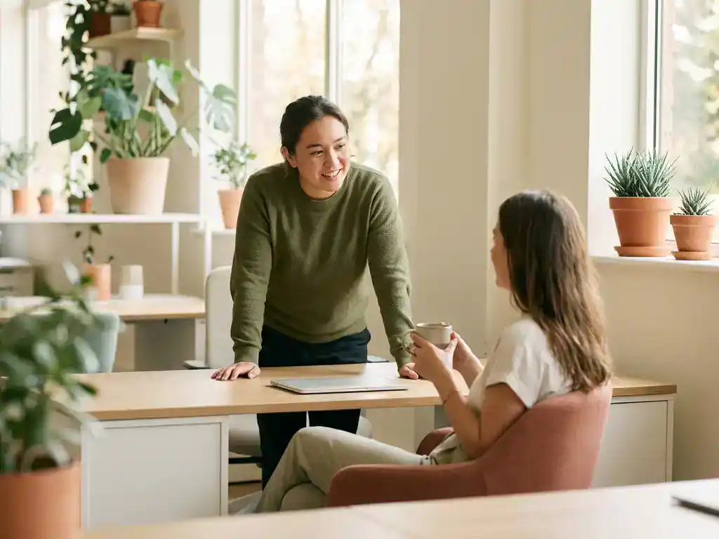 Collega's in licht modern kantoor in vriendelijk gesprek, omringd door groene planten en natuurlijk daglicht, sfeer van proactieve werkplekondersteuning.